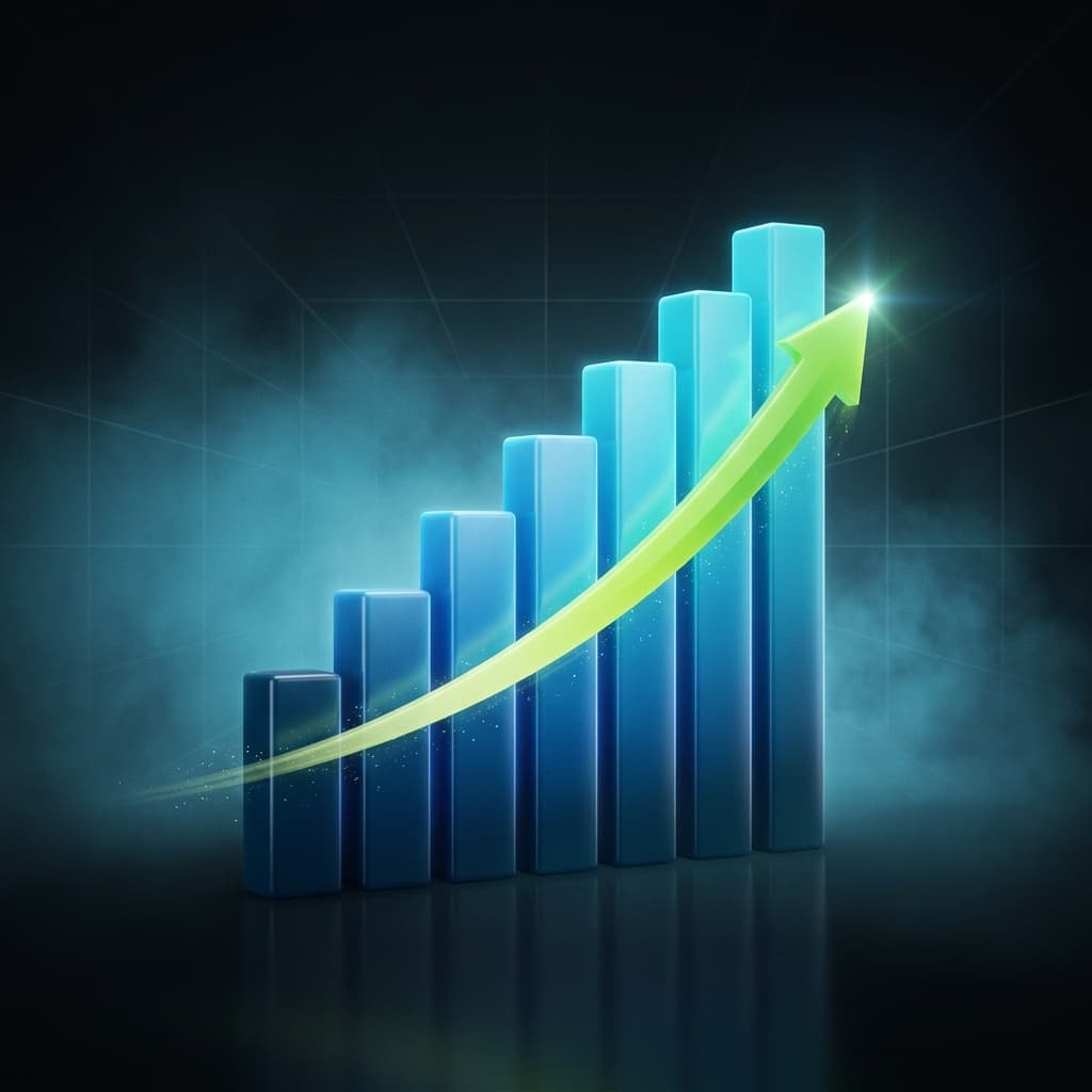 Illustration of a rising bar chart with an upward growth arrow